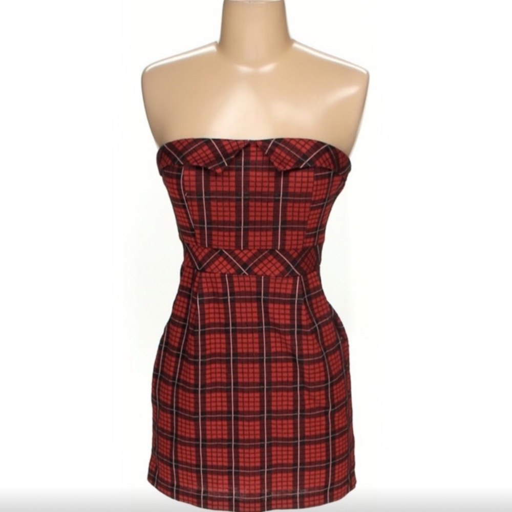 Vintage Red Plaid Strapless Dress
